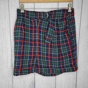 Tea & Cup Green Red Blue Super High Rise Plaid Belted Shorts Womens Size M